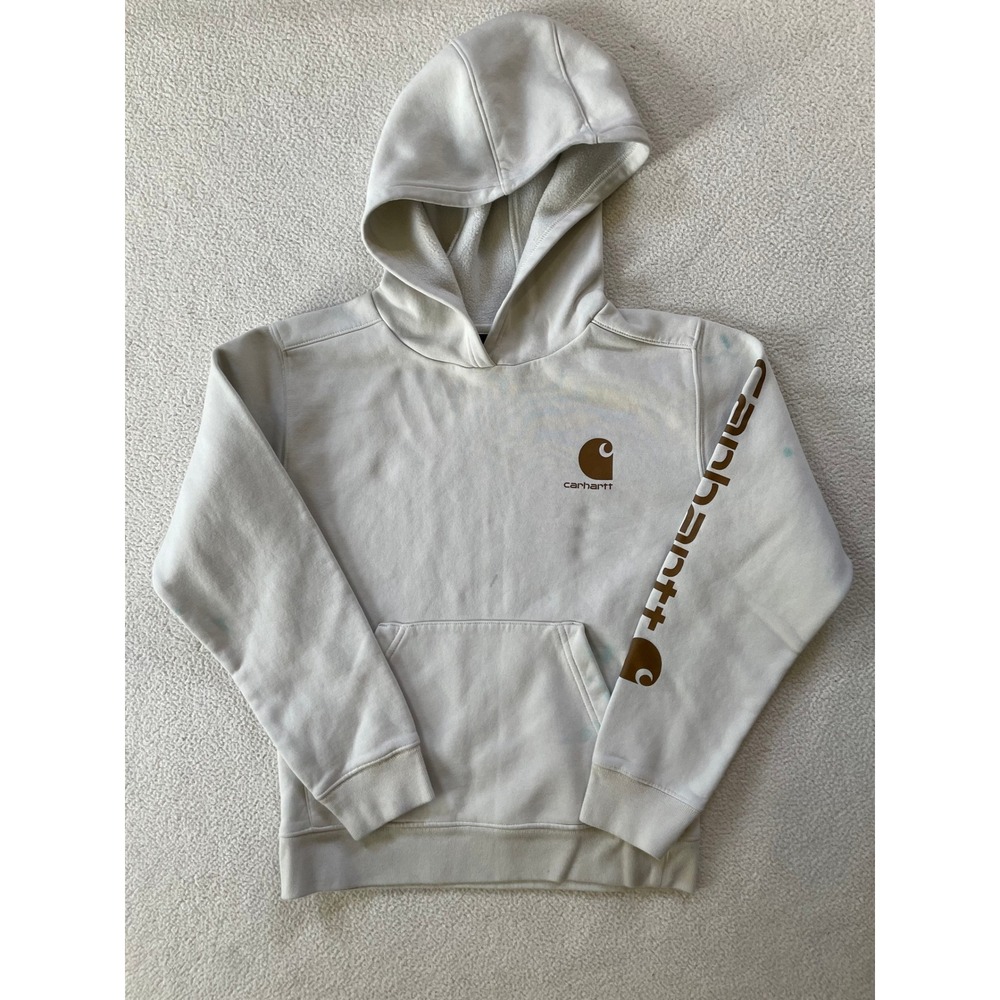 Stains Carhartt Youth Medium Hoodie Gray Graphic Sleeve Logo Pullover Sweatshirt